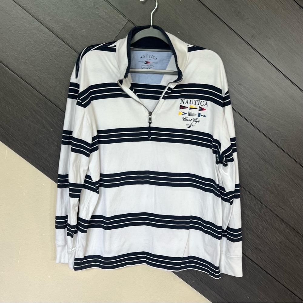 Nautica Navy and White‎ Striped Quarter-Zip Polo Long Sleeve